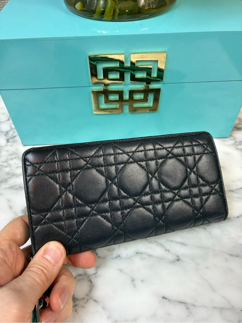 Christian Dior Black Leather Cannage Snap Wallet Teal Interior - Fair Condition
